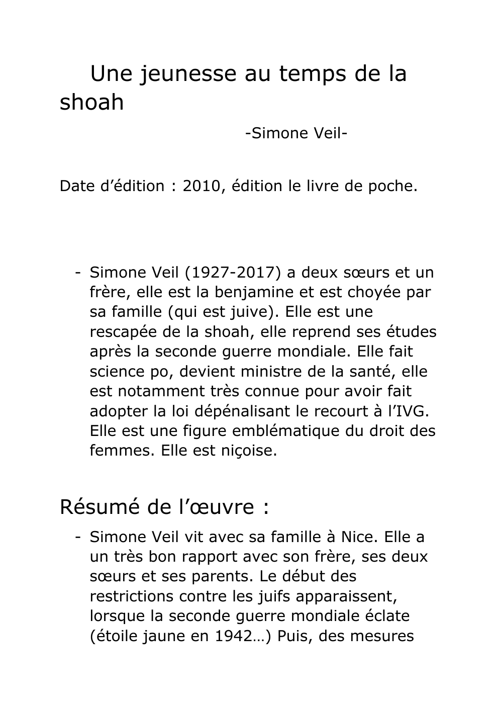 Prévisualisation du document une jeunesse au temps de la shoah - Simone Veil