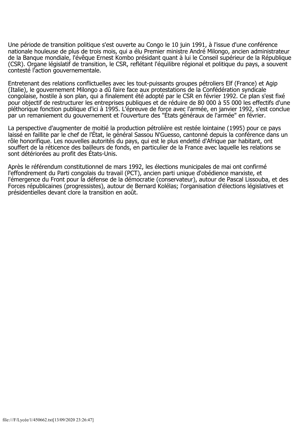 Prévisualisation du document Une période de transition politique s'est ouverte au Congo le 10 juin 1991, à l'issue d'une conférence
nationale houleuse de...