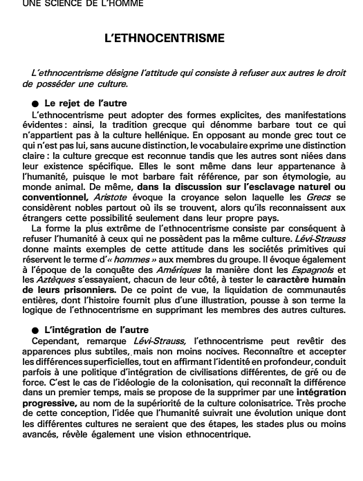 Prévisualisation du document UNE SCIENCE DE L'HOMME

L'ETHNOCENTRISME
L 'ethnocentrisme désigne l'attitude qui consiste à refuser aux autres le droit
de posséder une...