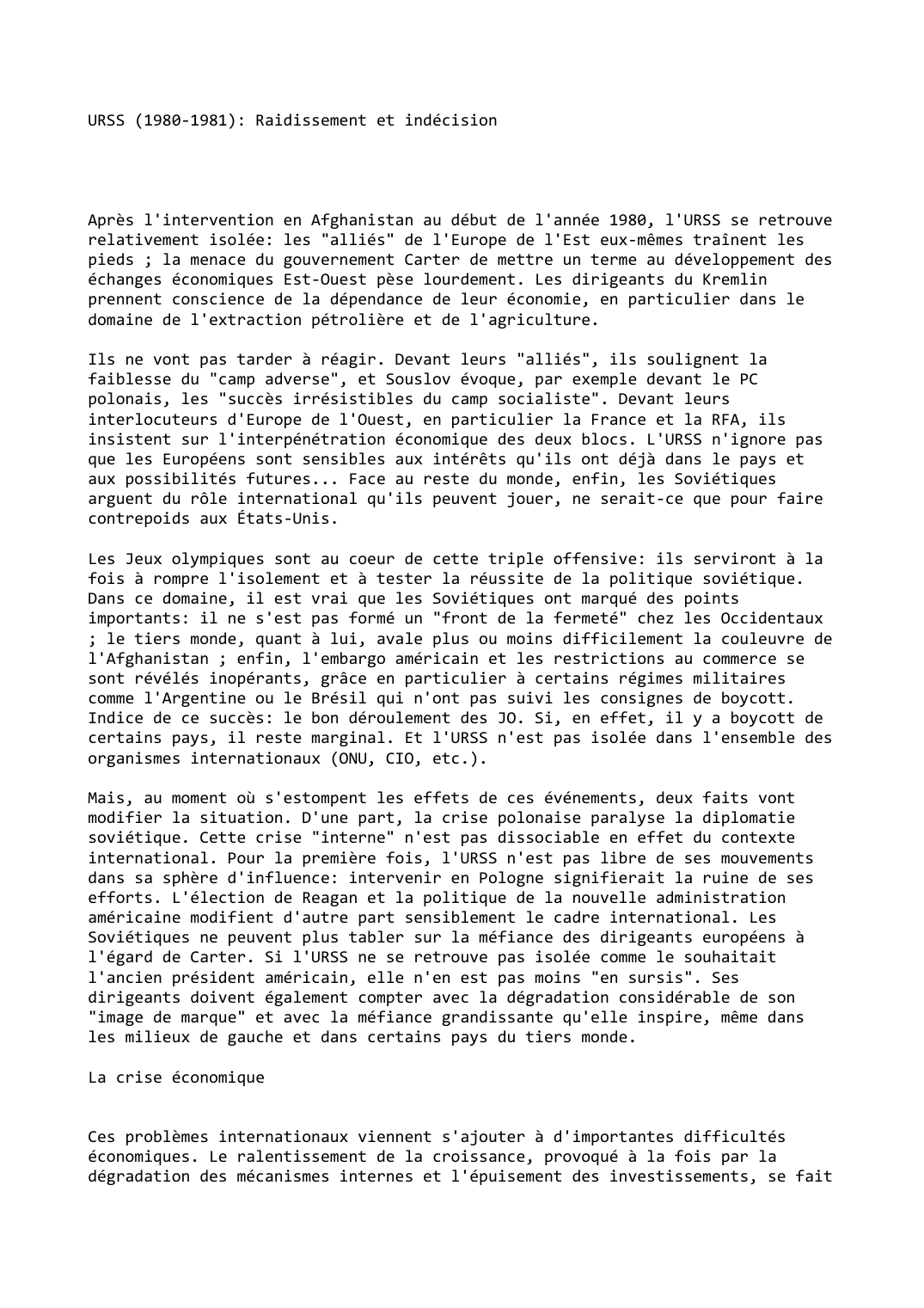 Prévisualisation du document URSS (1980-1981): Raidissement et indécision