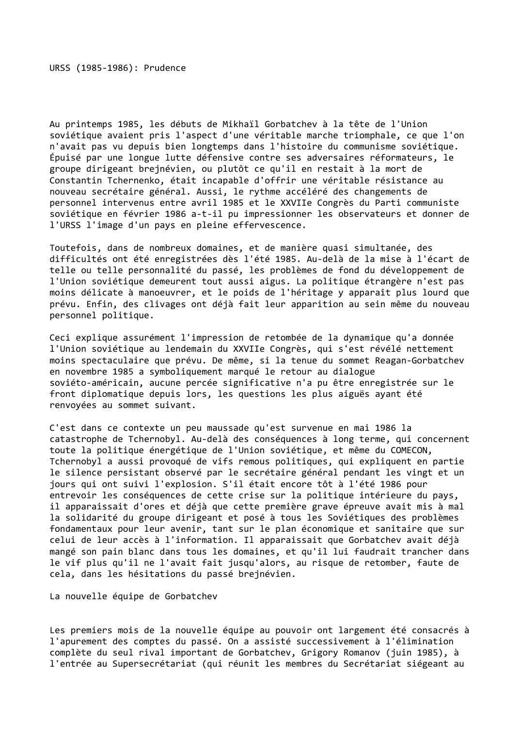 Prévisualisation du document URSS (1985-1986): Prudence