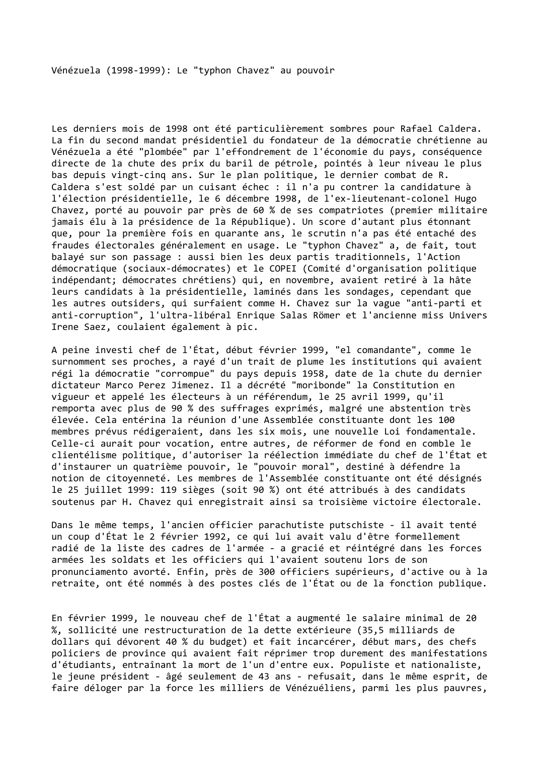 Prévisualisation du document Vénézuela (1998-1999): Le "typhon Chavez" au pouvoir
