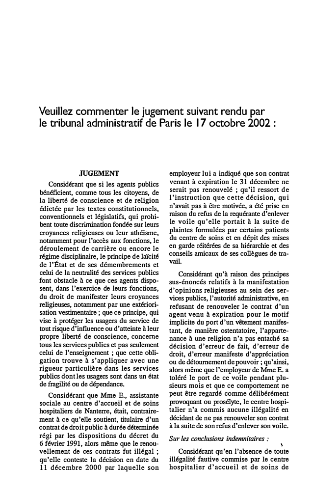 Prévisualisation du document Veuillez commenter le jugement suivant rendu par le tribunal administratif de Paris le 17 octobre 2002
