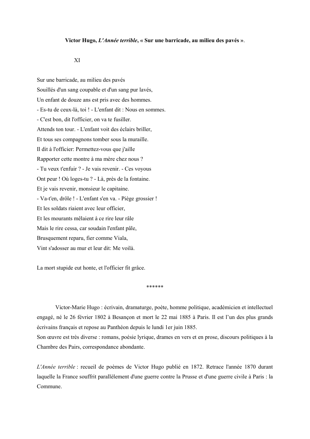Prévisualisation du document Victor Hugo, L'Année terrible, « Sur une barricade, au milieu des pavés ».