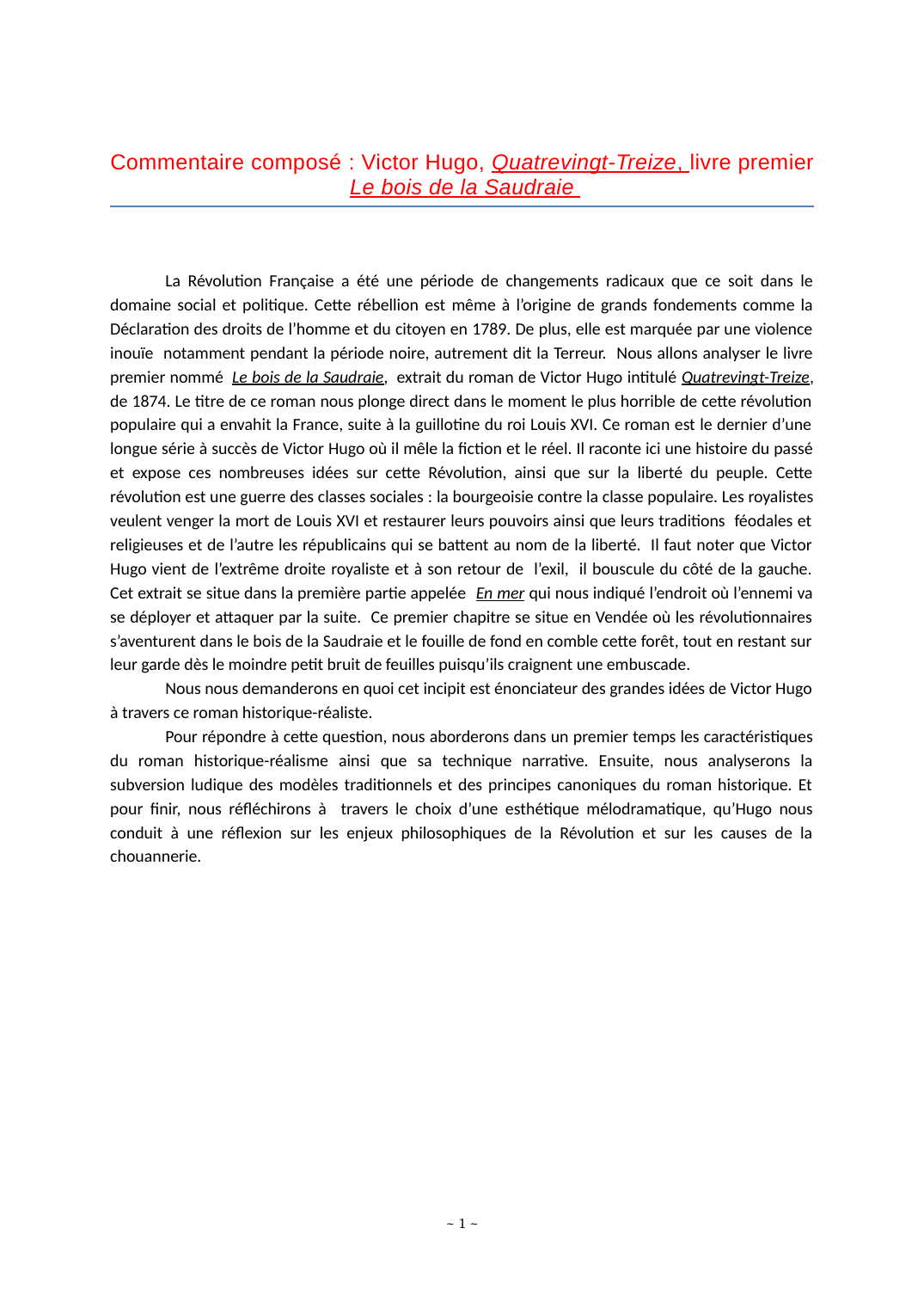 Prévisualisation du document Victor Hugo, Quatrevingt-Treize, livre premier  Le bois de la Saudraie