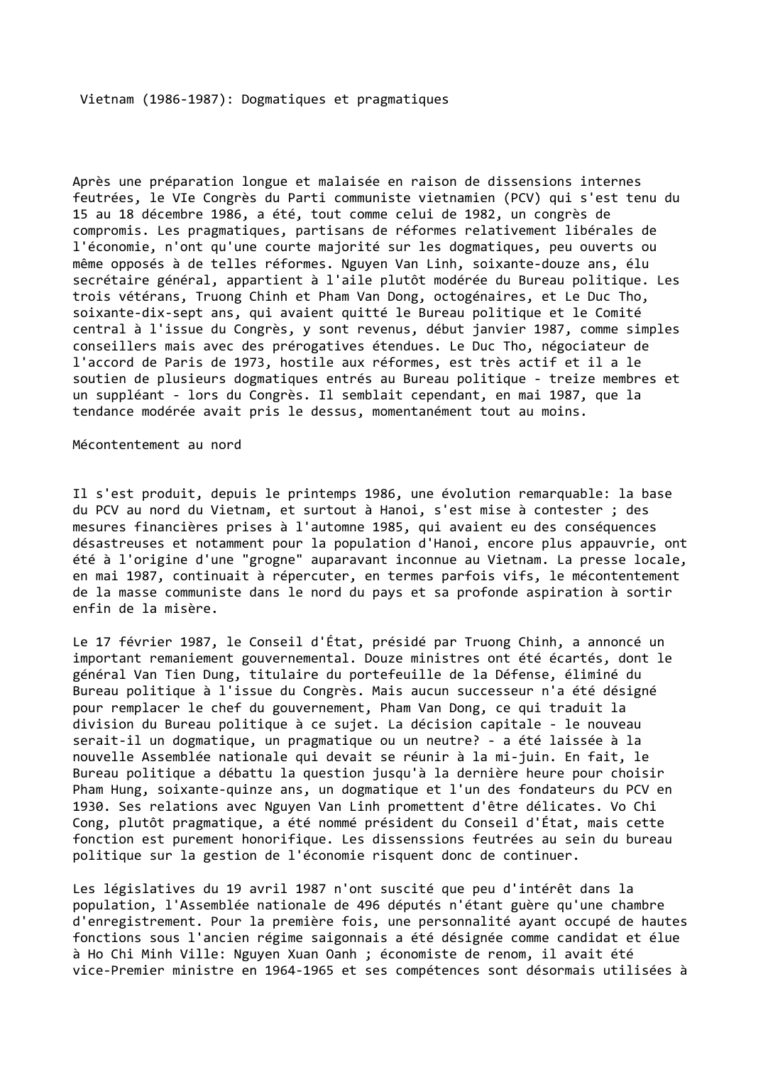 Prévisualisation du document Vietnam (1986-1987): Dogmatiques et pragmatiques