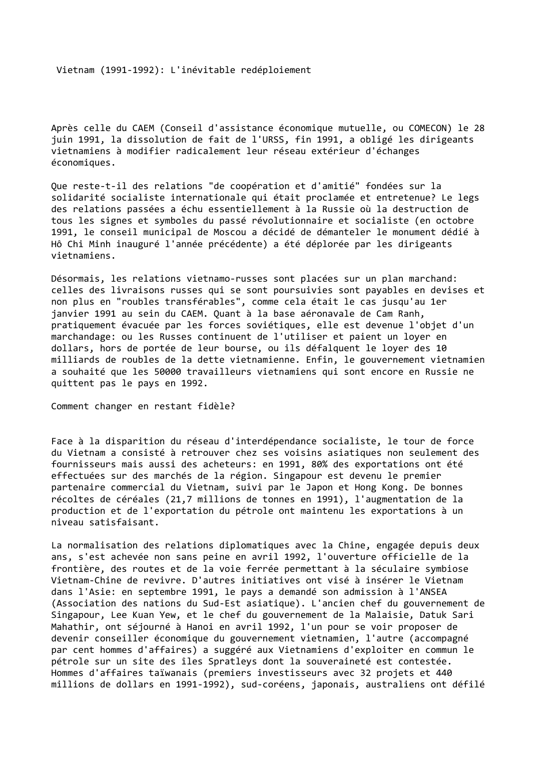 Prévisualisation du document Vietnam (1991-1992): L'inévitable redéploiement