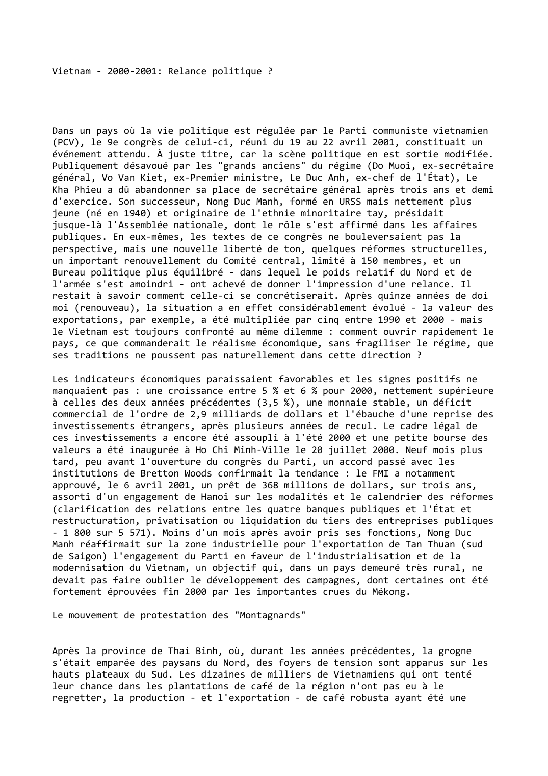 Prévisualisation du document Vietnam - 2000-2001: Relance politique ?