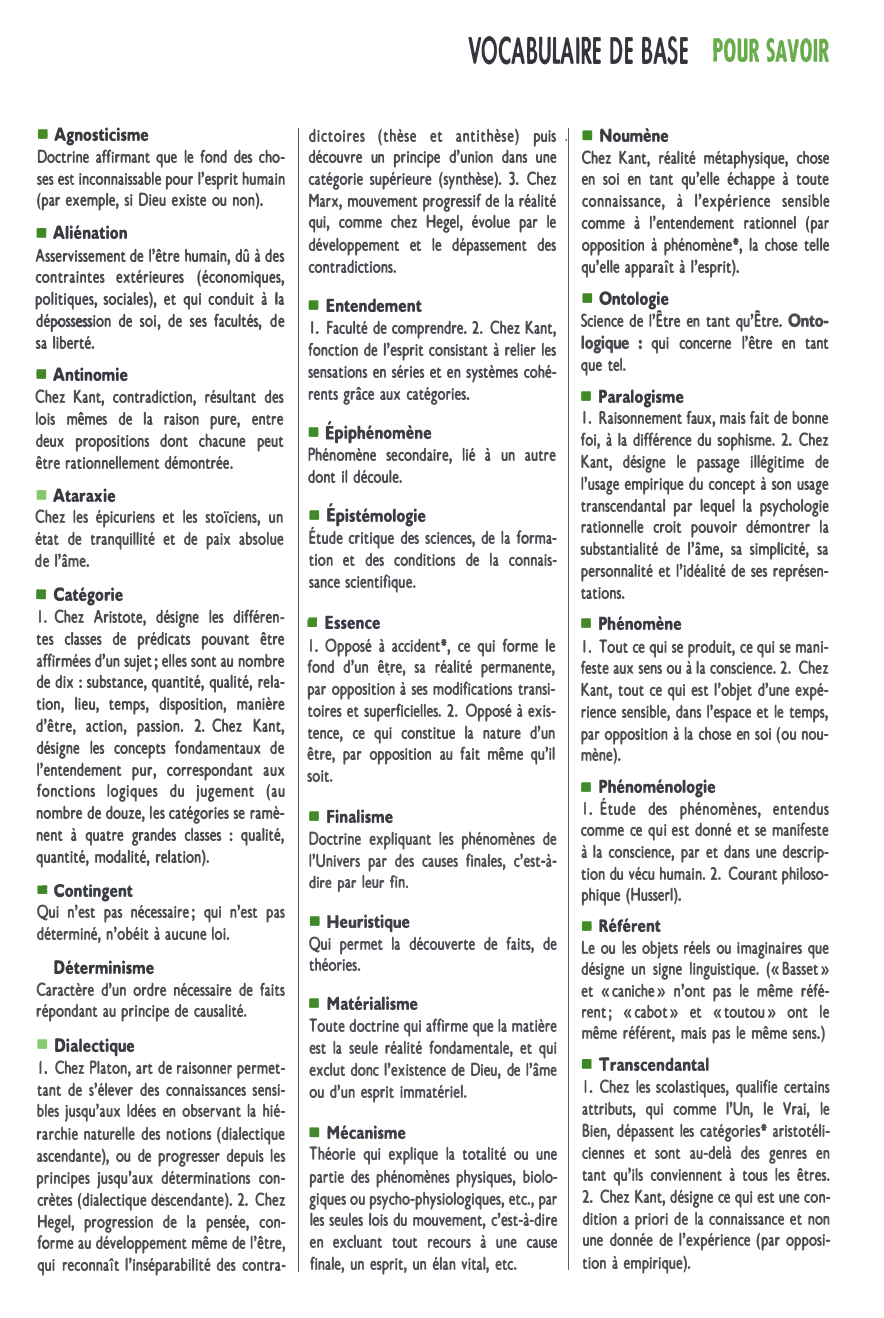 Prévisualisation du document VOCABULAIRE DE BASE POUR SAVOiR
■ Agnosticisme

Doctrine affirmant que le fond des cho­
ses est inconnaissable pour l'esprit humain...