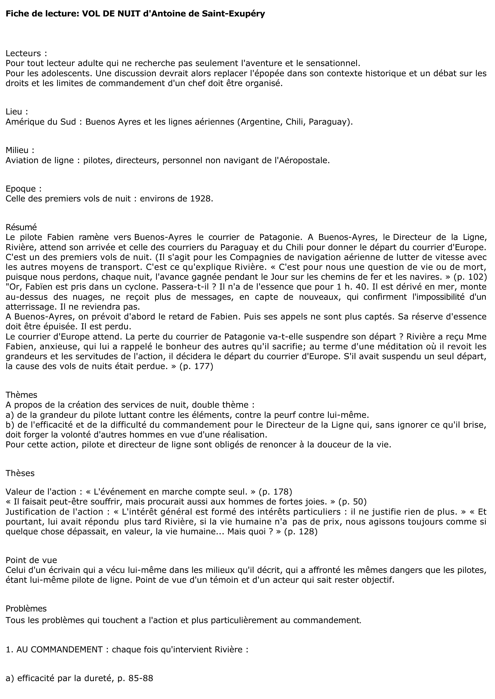 Prévisualisation du document VOL DE NUIT d'Antoine de Saint-Exupéry : Fiche de lecture
