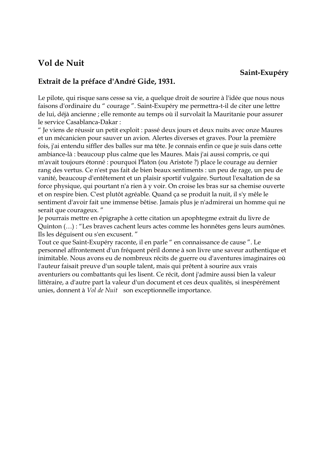 Prévisualisation du document Vol de NuitExtrait de la préface d'André Gide, 1931.