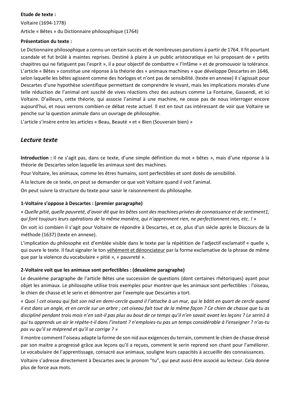 Prévisualisation du document Voltaire BETES - Analyse de texte