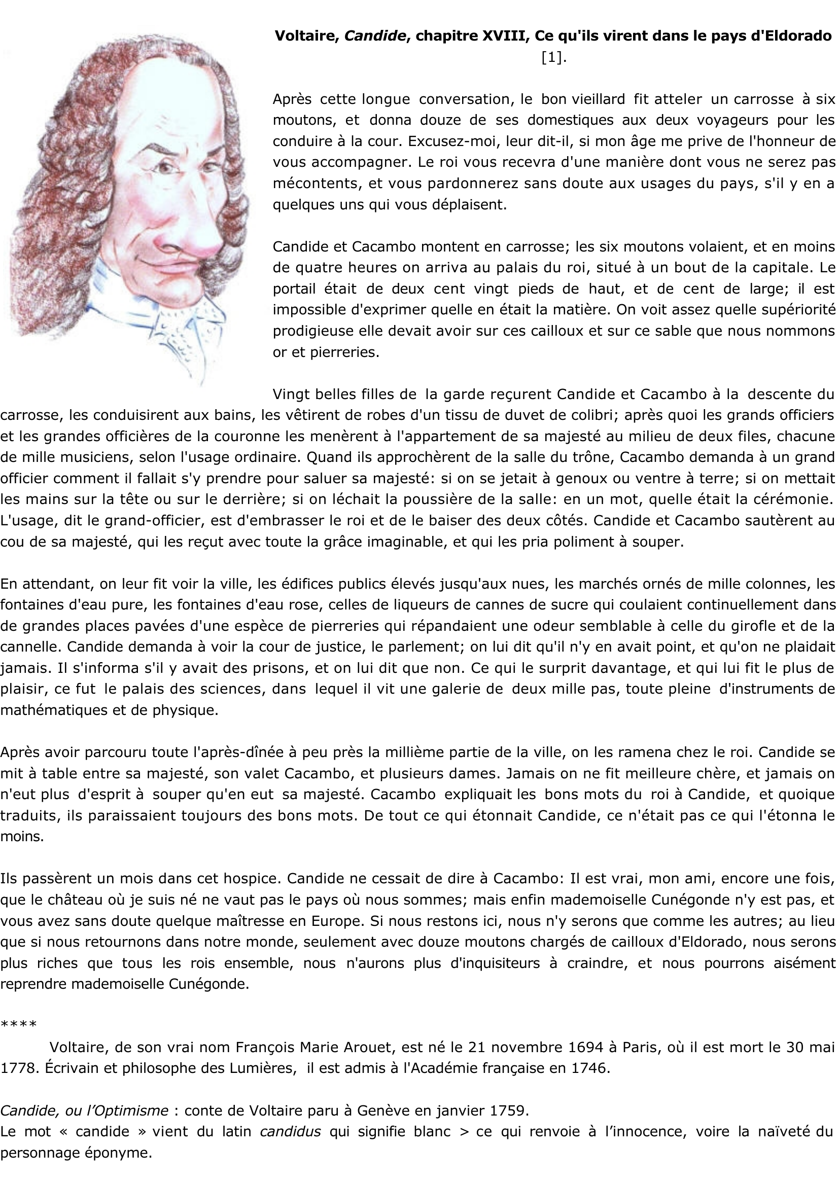 Prévisualisation du document Voltaire, Candide, chapitre 18. CE QU'ILS VIRENT DANS LE PAYS D'ELDORADO