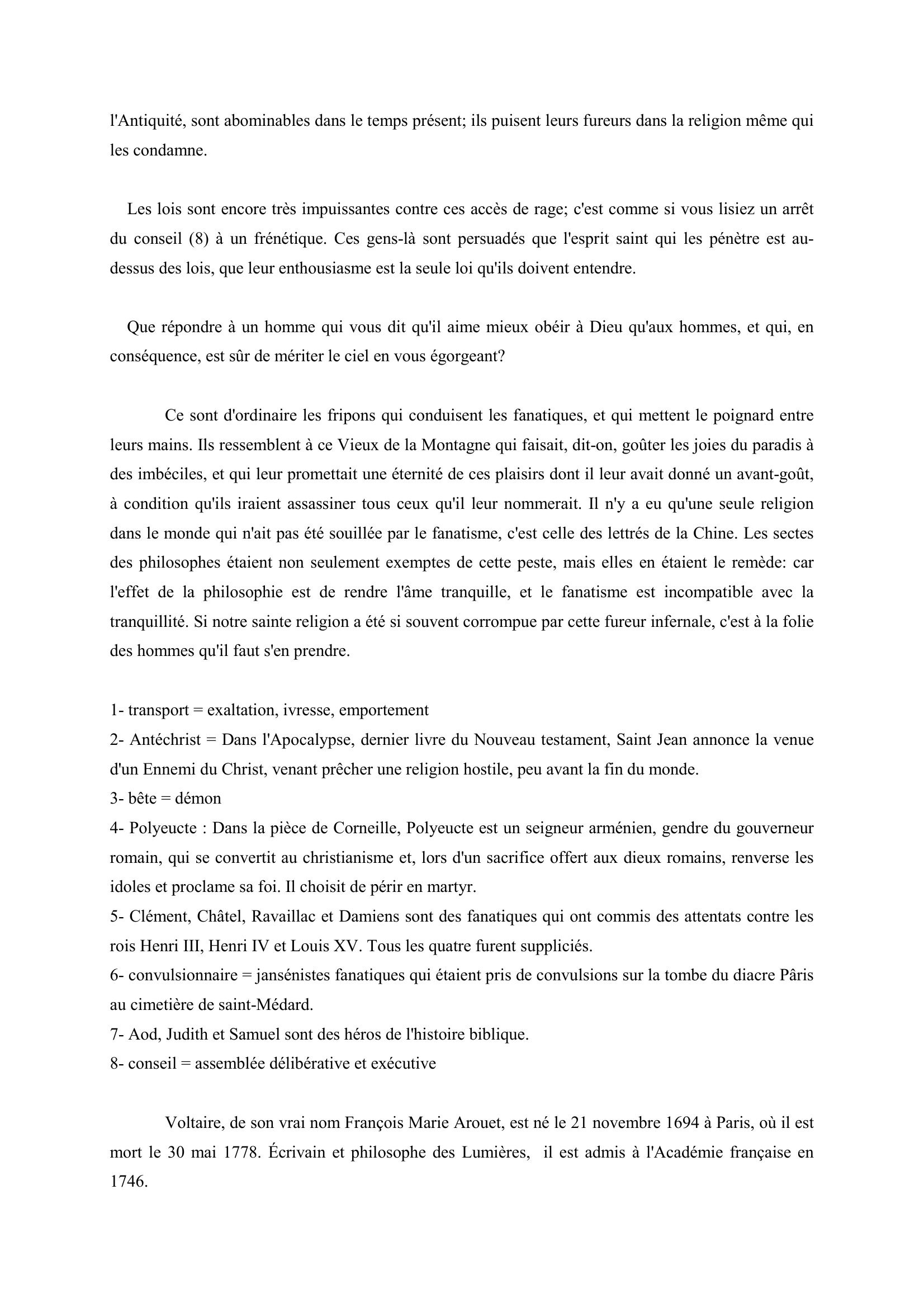 Prévisualisation du document VOLTAIRE, Dictionnaire philosophique portatif, Article « Fanatisme ». Commentaire composé