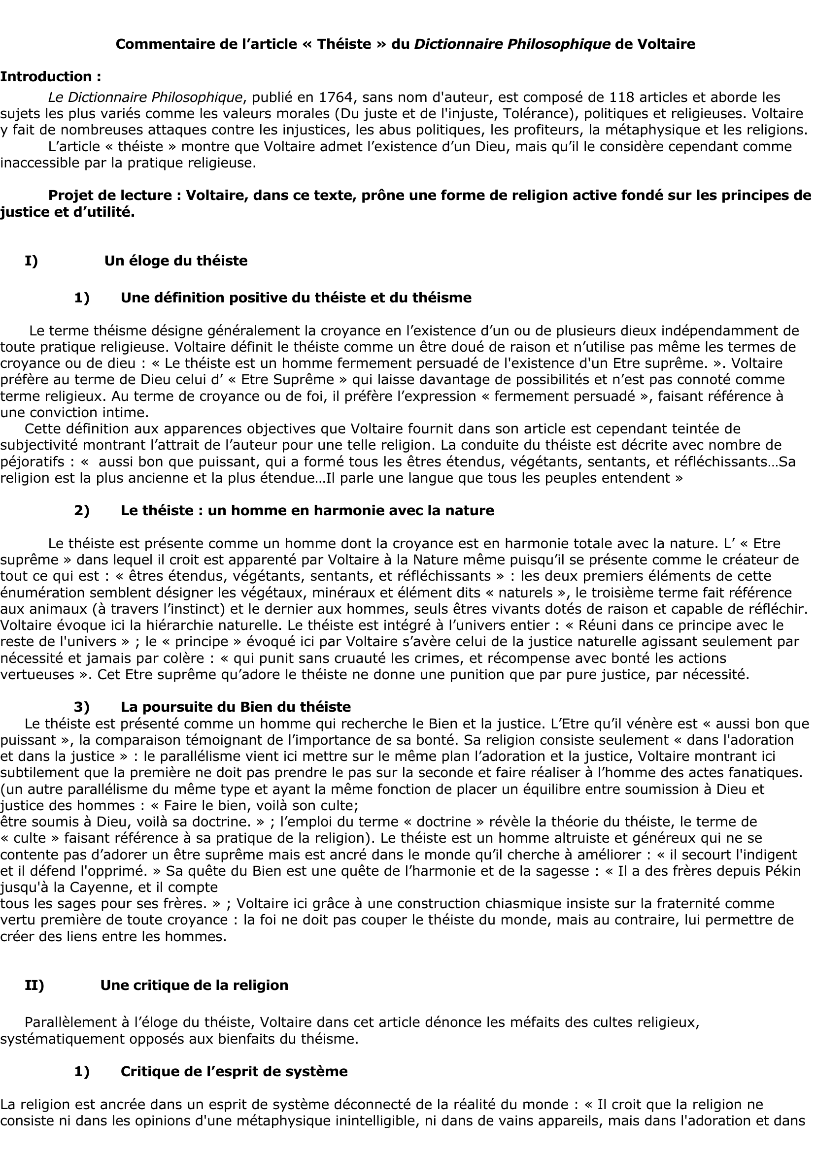 Prévisualisation du document Voltaire, Dictionnaire philosophique portatif, article THEISTE