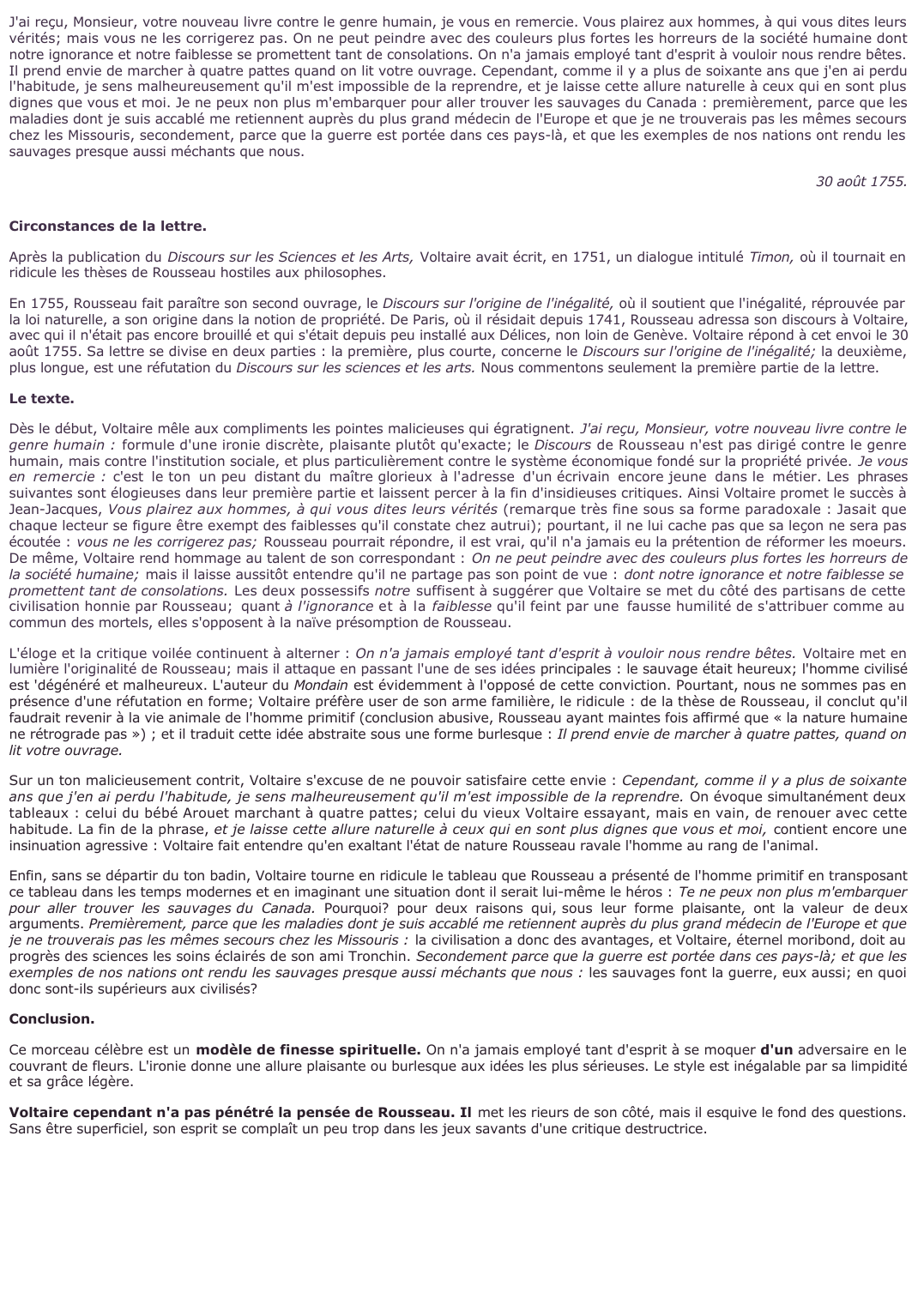 Prévisualisation du document 	Voltaire: Lettre à Rousseau