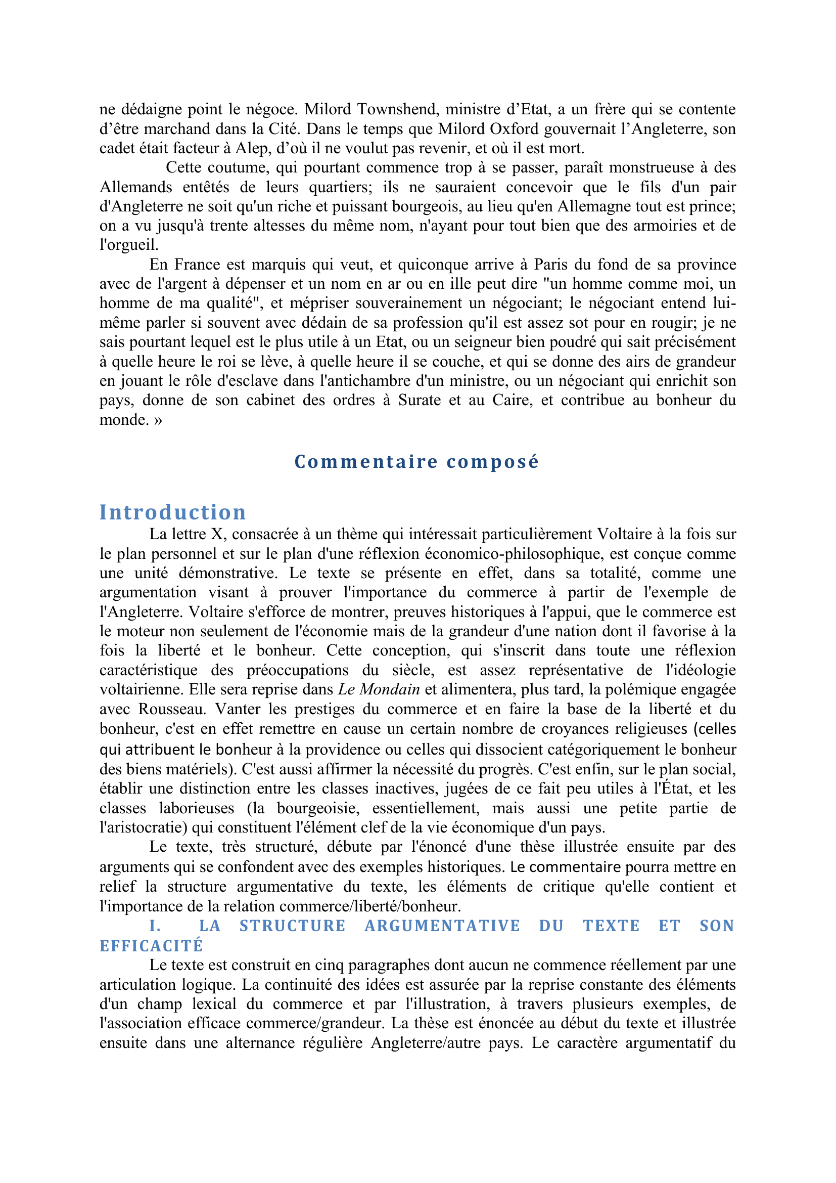 Prévisualisation du document Voltaire, Lettres philosophiques, Lettre 10   « Sur le commerce » , 1734 - Commentaire composé