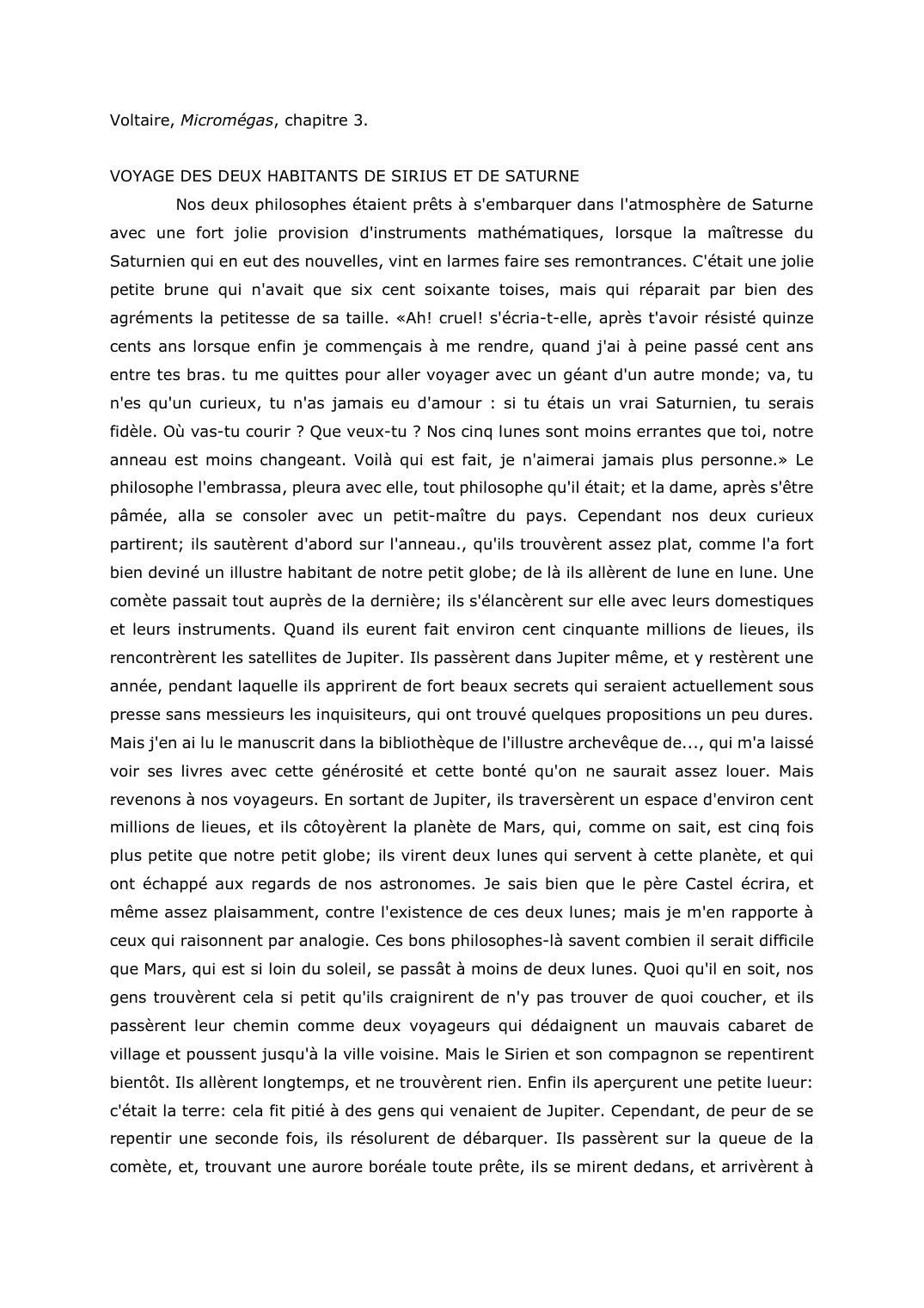 Prévisualisation du document Voltaire, Micromégas, chapitre 3. VOYAGE DES DEUX HABITANTS DE SIRIUS ET DE SATURNE. Commentaire