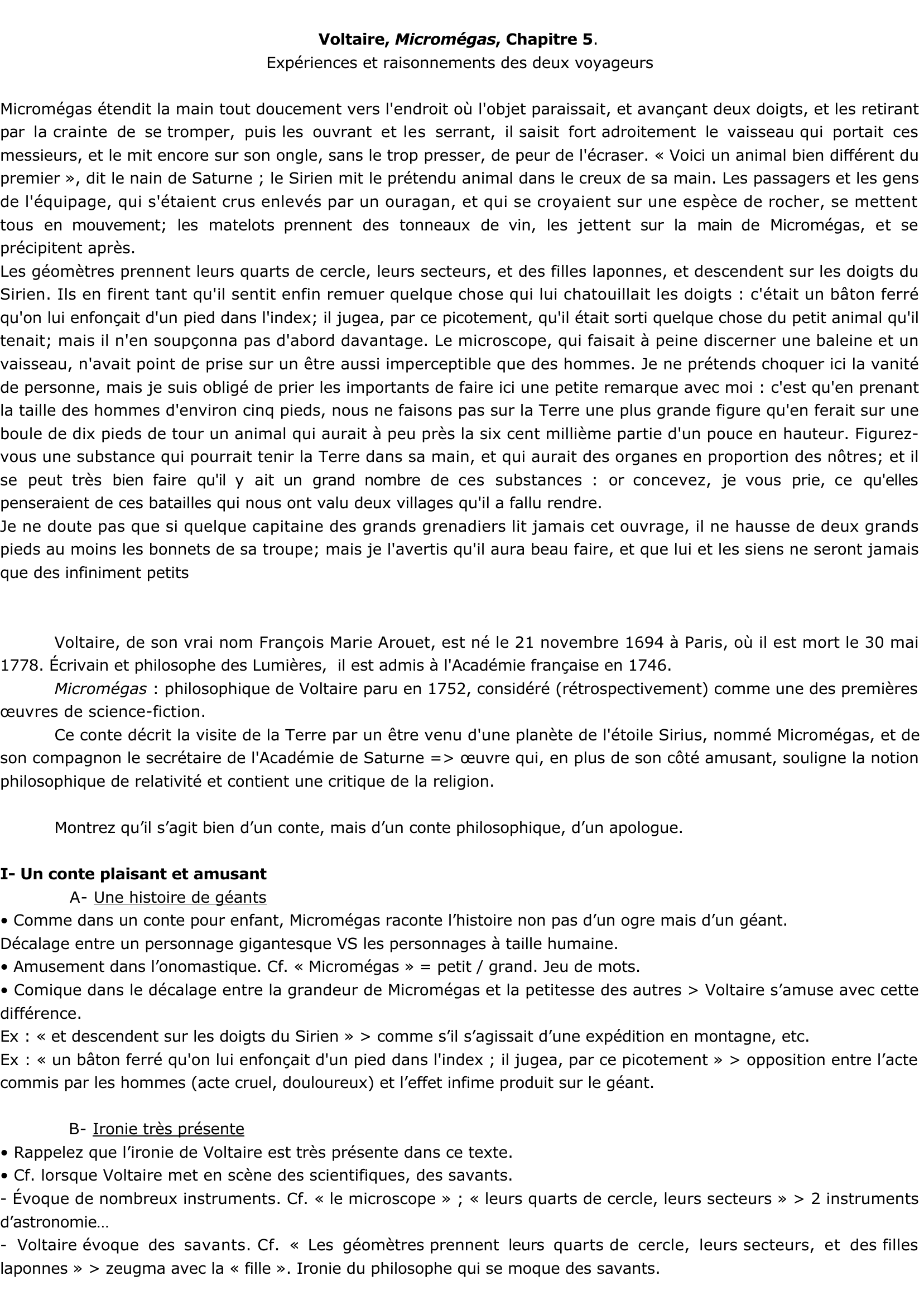 Prévisualisation du document Voltaire, Micromégas, chapitre 5 - EXPERIENCES ET RAISONNEMENTS DES DEUX VOYAGEURS