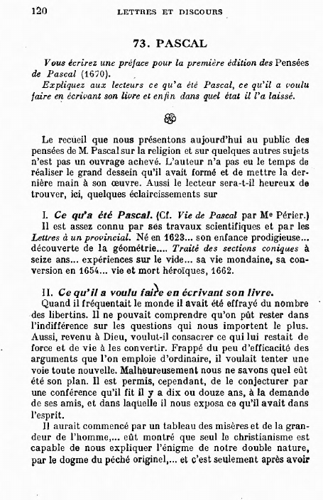 Prévisualisation du document Vous écrirez une préface pour la première édition des Pensées de Pascal (1670). ,Expliquez aux lecteurs ce quya été Pascal, ce qu'il a voulu faire en écrivant son livre et enfin dans quel état il l'a laissé.