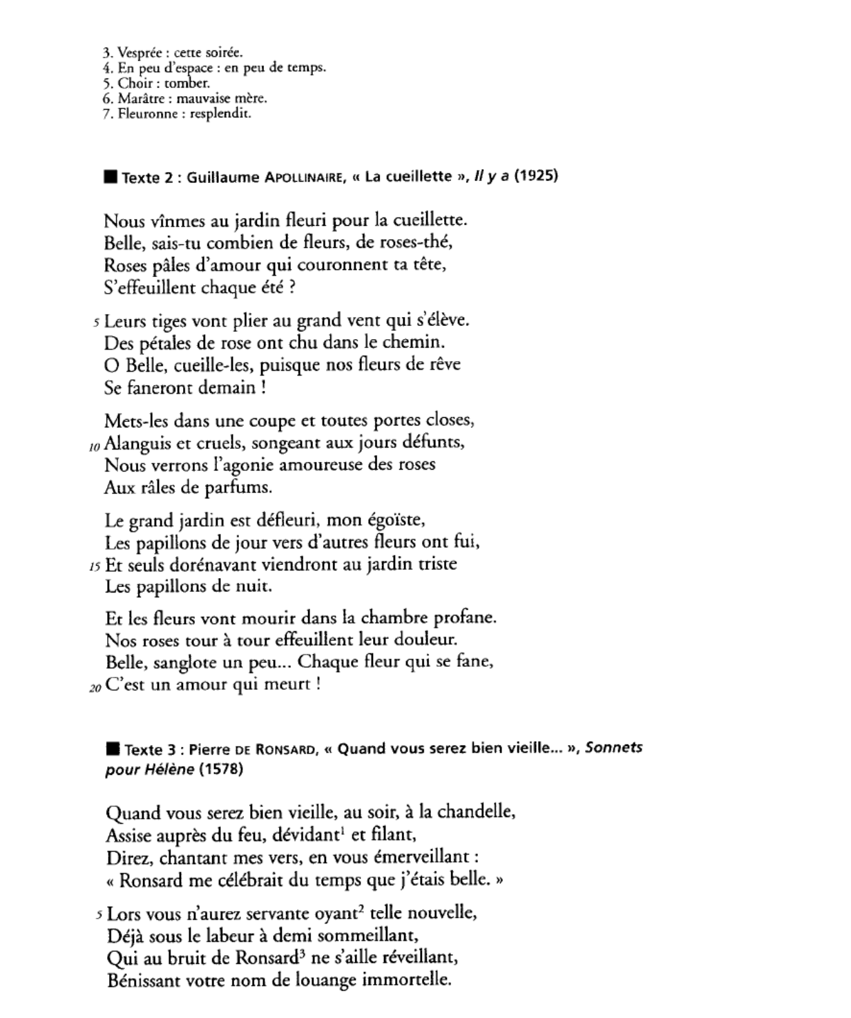 Prévisualisation du document Vous proposerez un commentaire comparé du poème de Ronsard, « Quand vous serez bien vieille » (texte 3) et de l’extrait du poème d’Apollinaire, « Adieux » (texte 4).