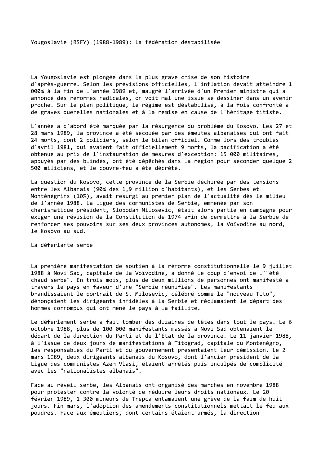 Prévisualisation du document Yougoslavie (RSFY) (1988-1989): La fédération déstabilisée
