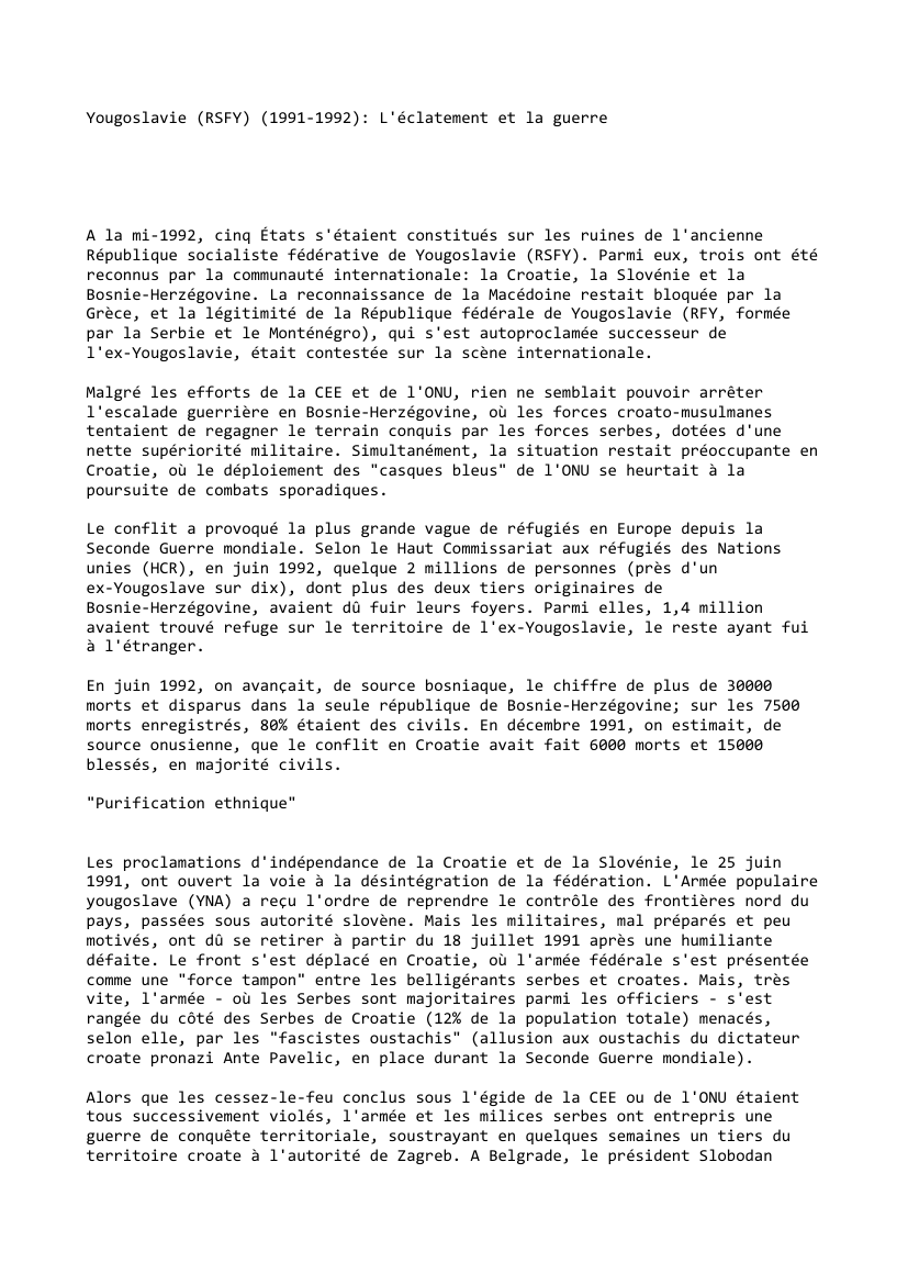 Prévisualisation du document Yougoslavie (RSFY) (1991-1992): L'éclatement et la guerre