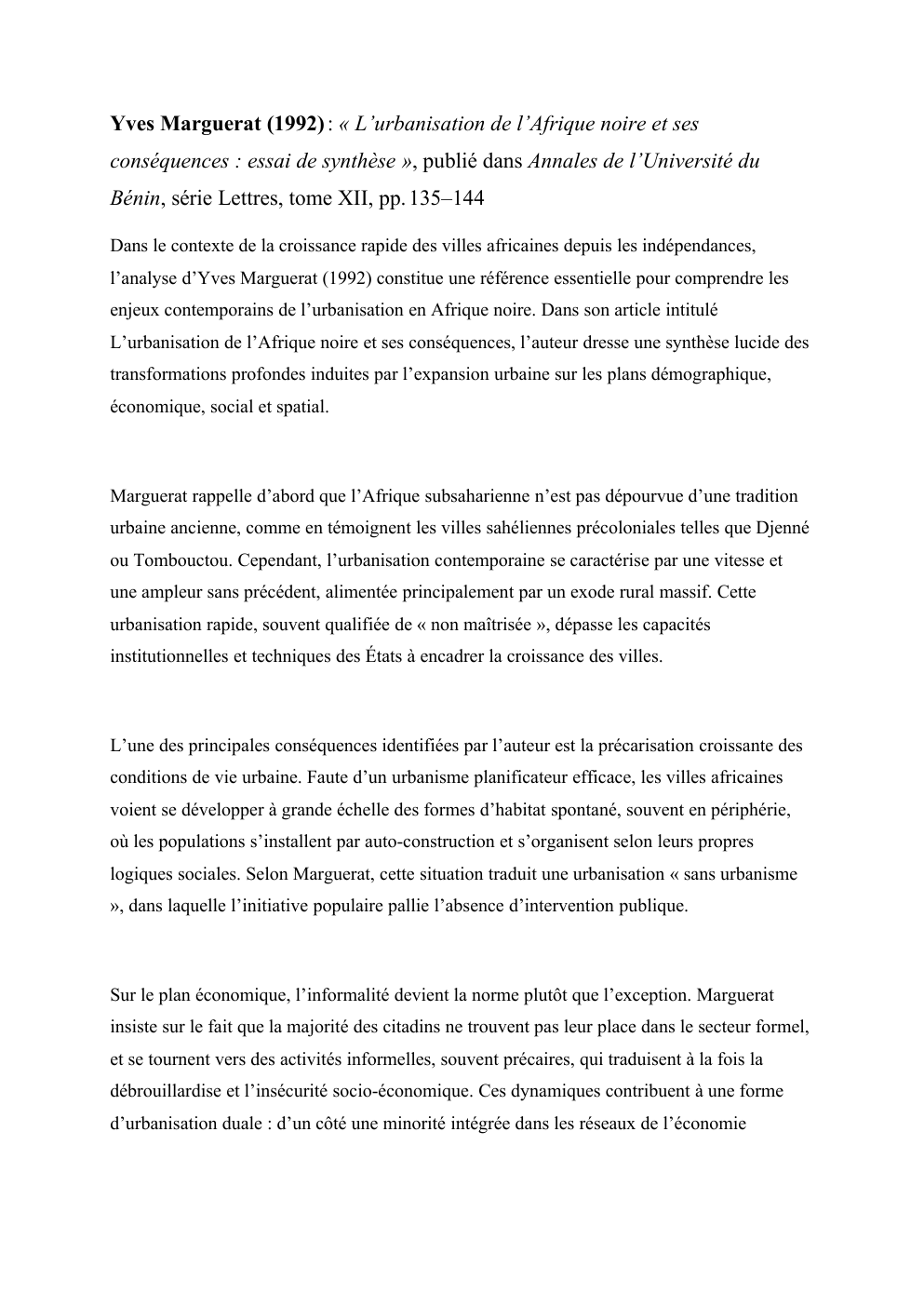 Prévisualisation du document Yves Marguerat (1992) : « L’urbanisation de l’Afrique noire et ses conséquences : essai de synthèse », publié dans Annales de l’Université du Bénin, série Lettres, tome XII, pp. 135–144