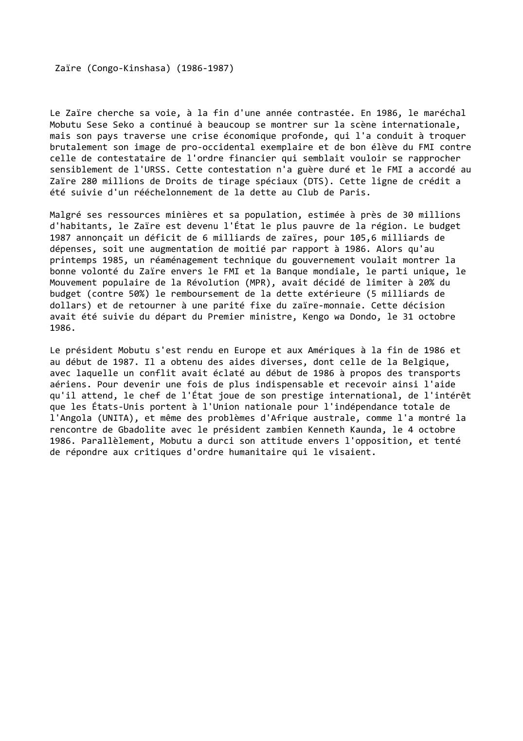 Prévisualisation du document Zaïre (Congo-Kinshasa) (1986-1987)