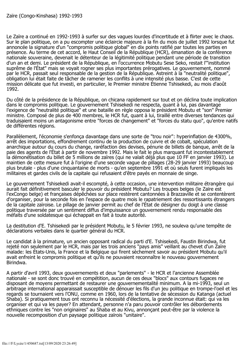 Prévisualisation du document Zaïre (Congo-Kinshasa): 1992-1993