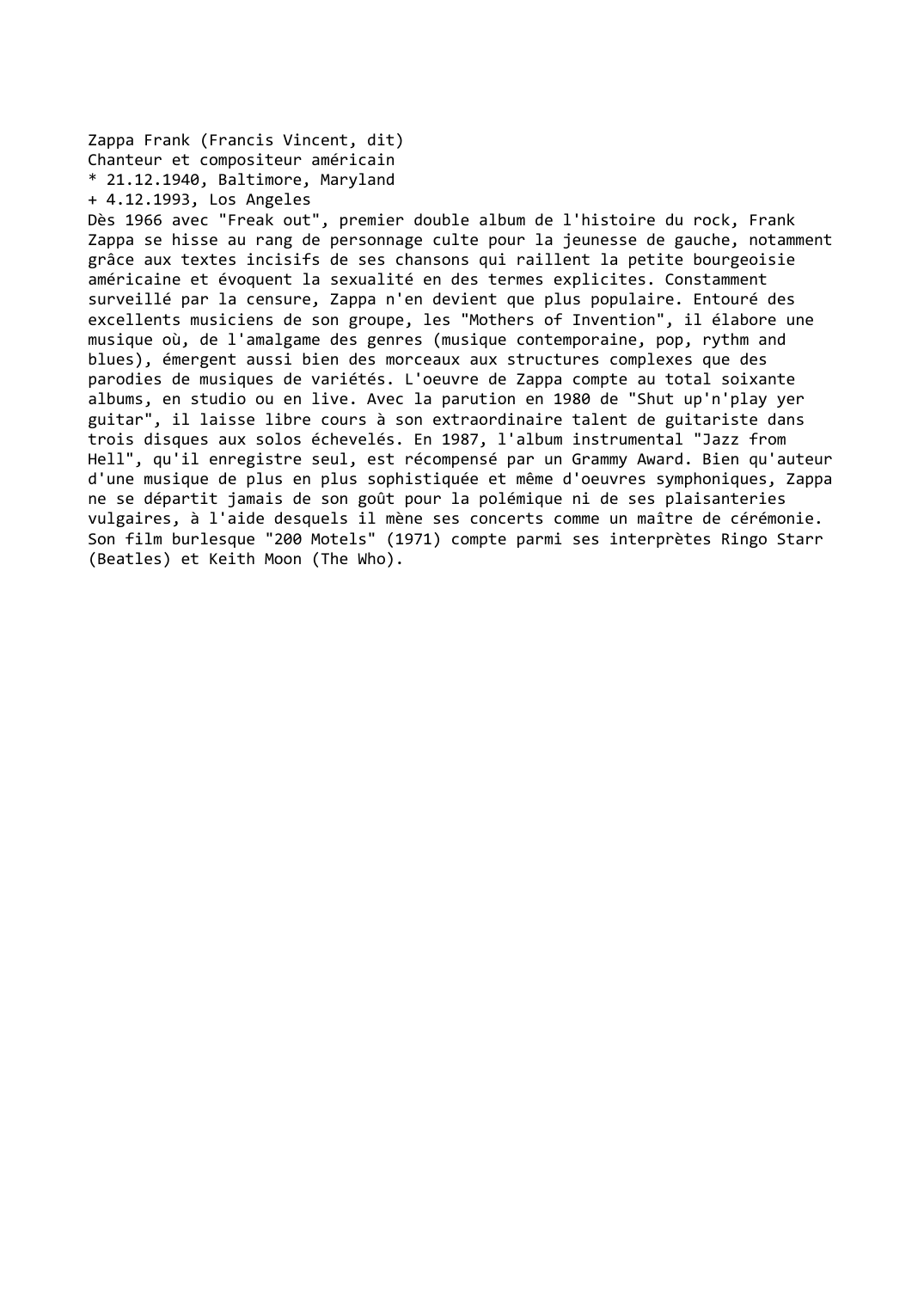 Prévisualisation du document Zappa Frank (Francis Vincent, dit)