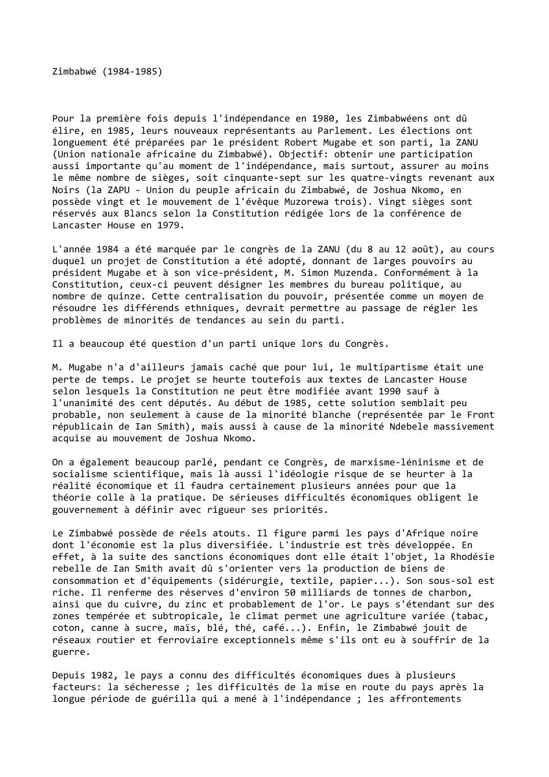 Prévisualisation du document Zimbabwé (1984-1985)