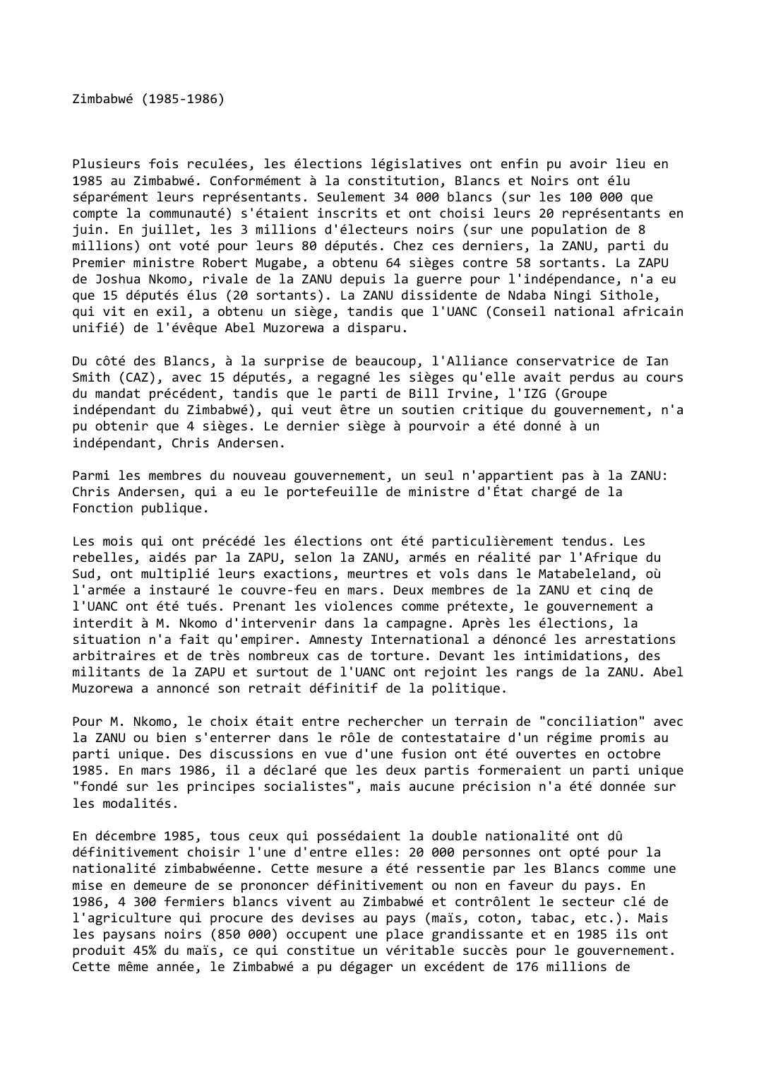 Prévisualisation du document Zimbabwé (1985-1986)
