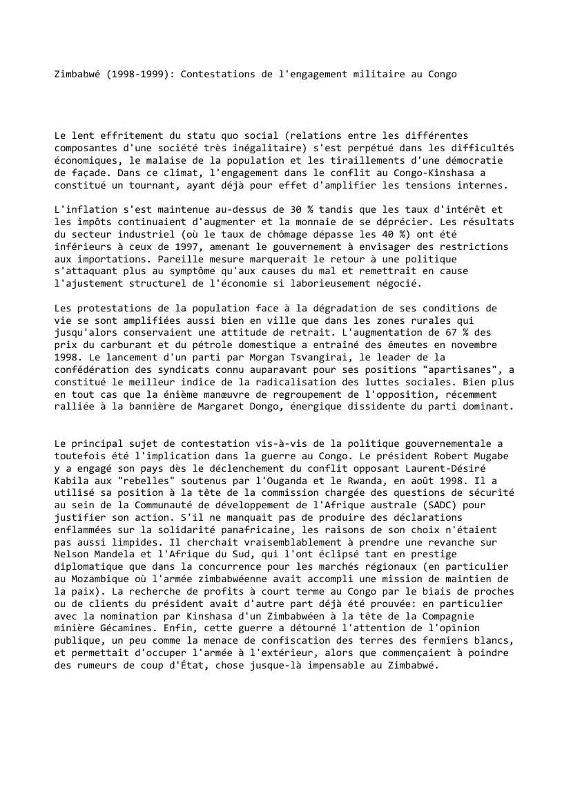 Prévisualisation du document Zimbabwé (1998-1999): Contestations de l'engagement militaire au Congo