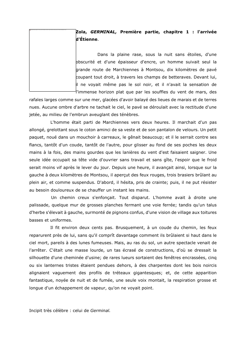 Prévisualisation du document Zola, GERMINAL, Première partie, chapitre 1 : l'arrivée d'Étienne.