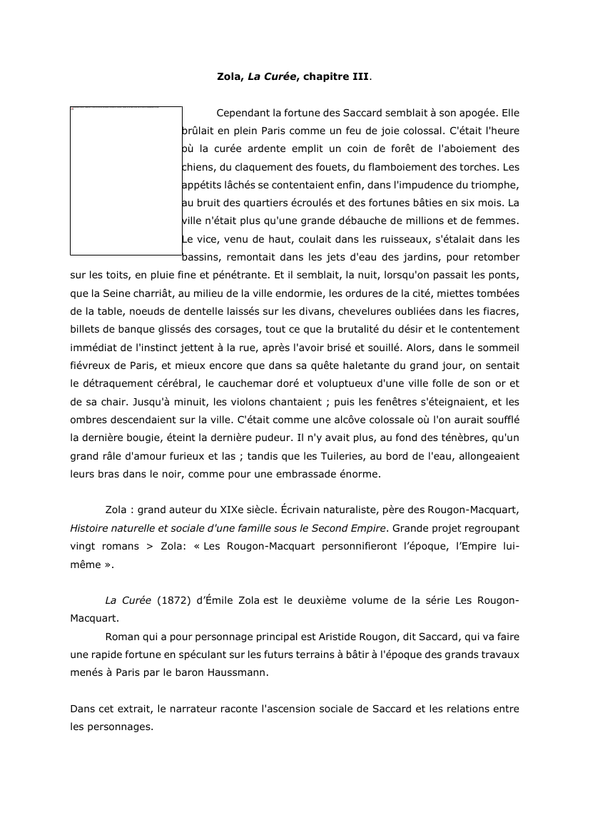 Prévisualisation du document Zola, La Curée, chapitre III: Cependant la fortune des Saccard semblait à son apogée. Commentaire